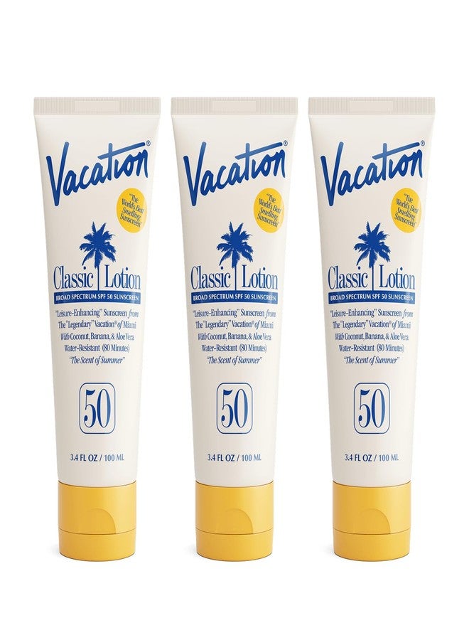 Vacation Classic Sunscreen Lotion SPF 50, Water-Resistant, Lightweight, Transparent on All Skin Tones, Dermatologist-Tested, Vegan, Travel Size, 3.4 Fl. Oz. (Value Pack of 3) - Image 1